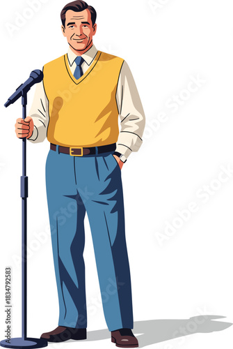 A retro illustration of a smiling man in a yellow sweater vest and blue trousers standing by a microphone.