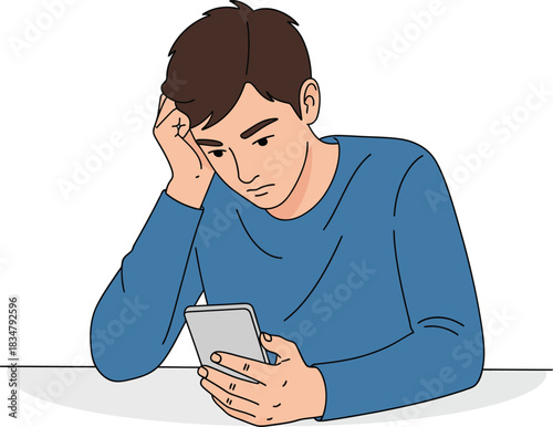 A sad worried young man in a blue shirt looks down at his smartphone holding his head.