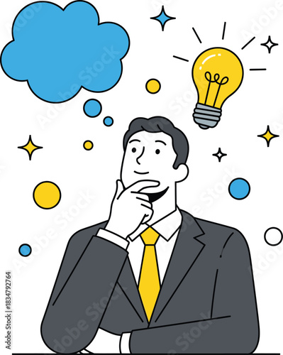 A thoughtful cartoon businessman in a suit with a bright yellow lightbulb idea and a blue thought bubble.