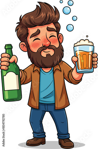 A tipsy cartoon man with a brown beard and flushed cheeks holding a beer bottle and a foamy glass.
