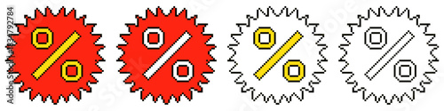 Set Pixel Discount Vector Ideal for gaming interfaces, commerce, sale, and simple promotion graphics in a retro 8-bit style. Symbolizes simple sale, price reduction, and offer.