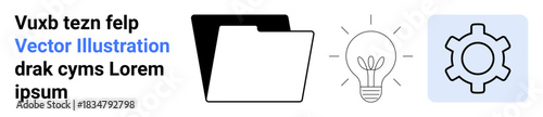 Folder, lightbulb, and gear icons symbolize organization, creativity, and functionality. Ideal for business, workflow, brainstorming, innovation technology productivity and a simple landing page