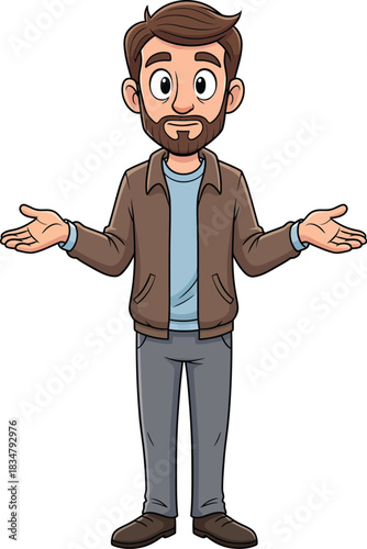 Cartoon man with a beard and brown jacket shrugging his shoulders in confusion.