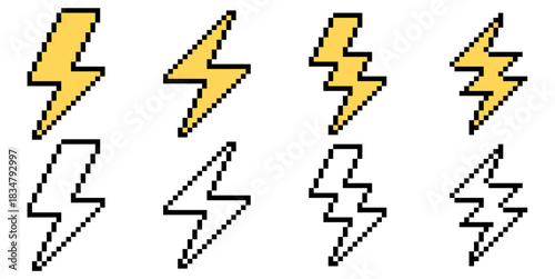 Set Pixel Lightning Bolt Icon Vector Ideal for gaming interfaces, power, energy, speed, and simple alert graphics in a retro 8-bit style. Symbolizes simple electricity, energy, and sudden power.