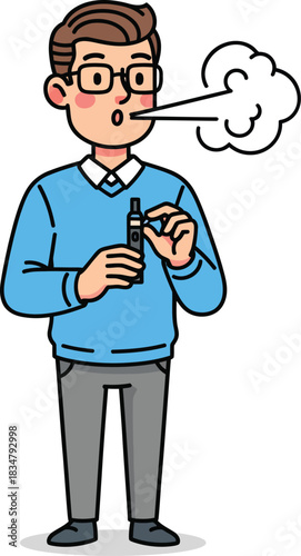 Cartoon man with glasses and a blue sweater exhaling a cloud of vapor from a black vape pen.