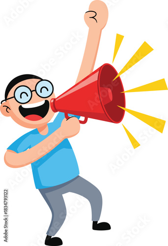 Cheerful cartoon man with glasses shouting into a red megaphone arm raised in excitement.