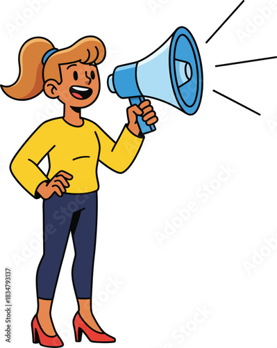 Cheerful cartoon woman with a ponytail in a yellow shirt shouting into a blue megaphone while standing with one hand on her hip.
