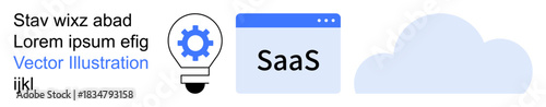Software development, SaaS platforms, cloud computing, innovation, online tools, data management. Lightbulb, cloud and app window SaaS. SaaS platforms and cloud computing concept
