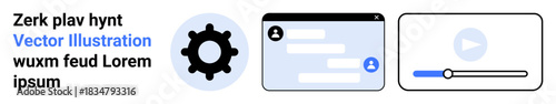 Web development, user experience, online tools, digital media, communication, technology. Gear symbol, user chat window video player. Web development and user experience focus on modern tools