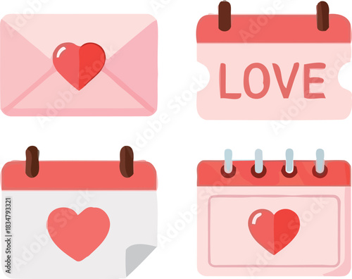 Valentine Love Icons – Heart Envelope, Romantic Calendar, Cute Pastel Love Elements, Flat Vector Set for Valentine’s Day Design
