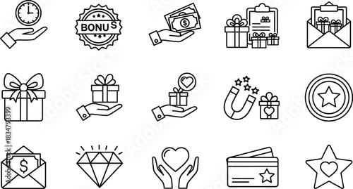 Bonus, Gift, and Loyalty Program Black Line Icons Set: Reward, Present, Star Rating, Discount, Magnet Attraction, and Customer Service Graphics Collection.