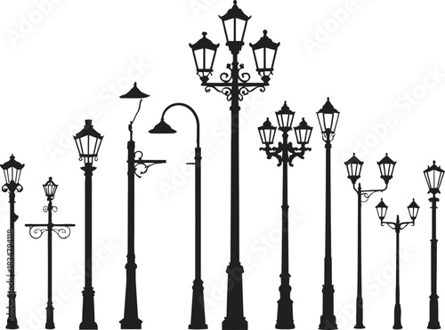 Elegant Vintage Street Lamppost Collection Vector Silhouettes