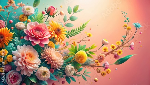 Vibrant Floral Arrangement A Whimsical Burst of Color and Delicate Blooms, Featuring a Symphony of Peach, Yellow, and Pink Hues, Against a Soft, Peach-Colored Background