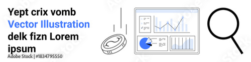 Coin dropping next to data charts and graphs, accompanied by a magnifying glass. Ideal for finance, analysis, statistics, investment, research, insight, simple landing page