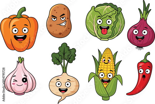 Funny cartoon vegetables with happy faces, cute orange pumpkin, smiling potato, playful cabbage, cheerful onion, winking garlic, happy turnip, smiling corn, surprised chili
