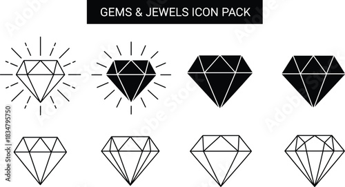 Gems and jewels icon pack, diamond shapes, black and white, shining gemstones, luxury jewelry icons, vector illustrations, sparkling gem symbols, graphic design elements, elegant jewelry set