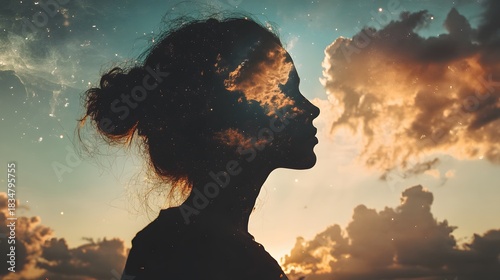 Silhouette of a woman's profile with clouds and stars overlapping her face, creating a dreamy and ethereal effect against a sunset sky.