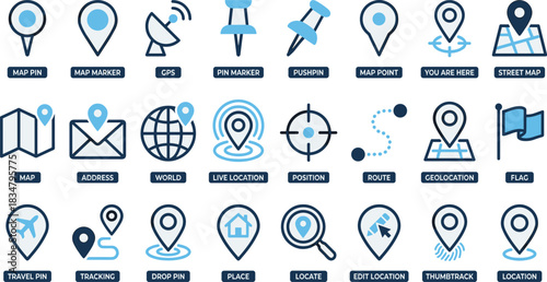 Geolocation icons set, map pins, location markers, GPS tracking, navigation symbols, travel, and pushpin signs for digital media and apps.