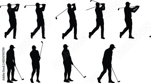 Golf player silhouette set, professional golfer vector illustration, sports man with club, swing, training, competition, black graphic design element