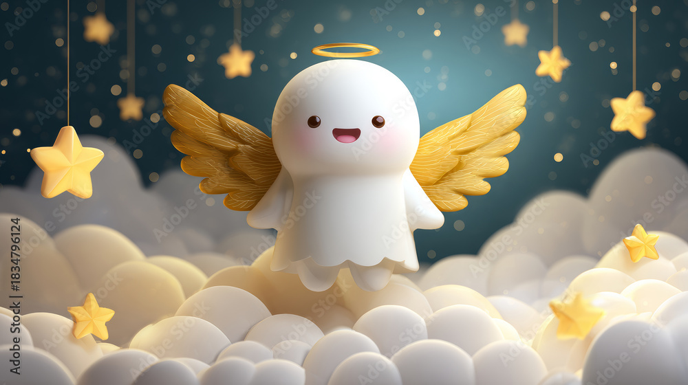 Obraz premium Cute angel character with golden wings and halo floating among soft clouds and glowing stars in dreamy night sky