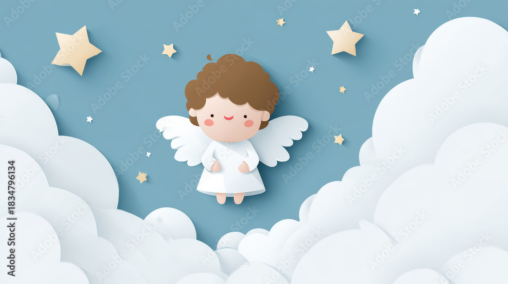 Obraz premium Cute angel with wings flying in sky among clouds and stars, cheerful and peaceful atmosphere