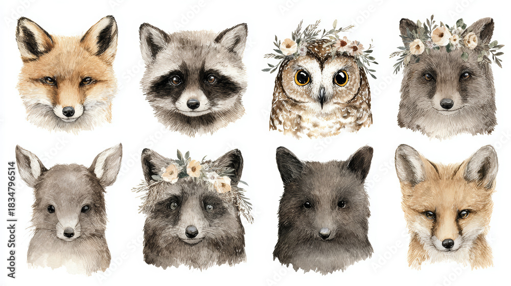 Fototapeta premium Watercolor animal portraits with floral crowns, including fox, raccoon, owl, and deer, charming and detailed wildlife art