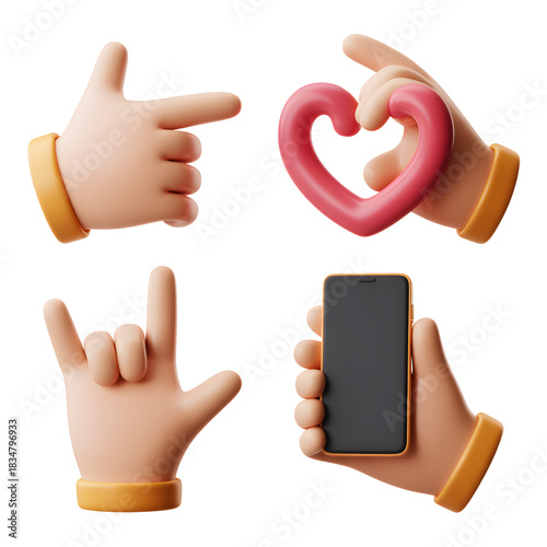 Hands Holding Heart, Pointing, and Smartphone Isolated on White
