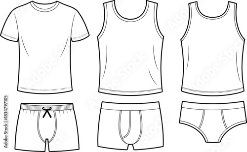 Flat technical sketch of men’s underwear and undershirts, front view set including briefs, trunks, boxers, tank tops, and tee.