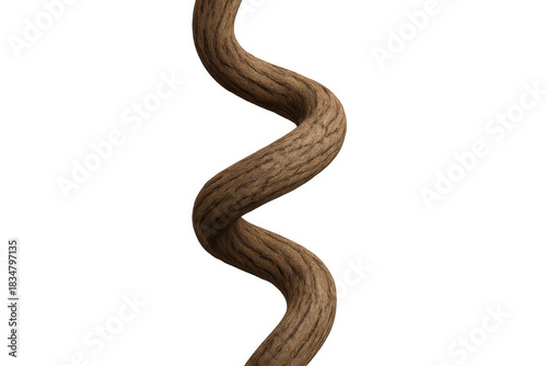 Twisted brown wooden vine branch, natural climbing plant element with rough bark texture, transparent background