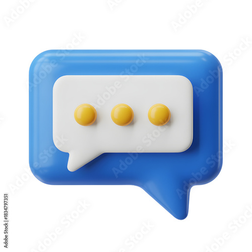 Blue Speech Bubble with White Text and Yellow Dots on White Background