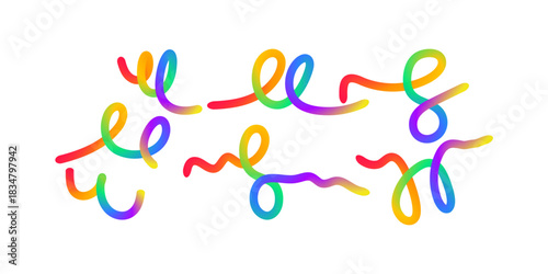 Playful organic ribbon artwork showing colorful wavy gradient strokes forming dynamic rainbow shapes ideal for bright children oriented creative abstract design compositions