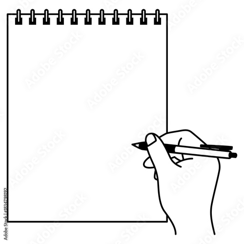 縦向きのノートとペンを持つ手