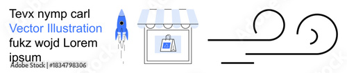Business strategy, innovation, ecommerce, renewable energy, startup launch, market trends. Rocket, storefront and abstract wind symbols. Innovation and ecommerce creatively