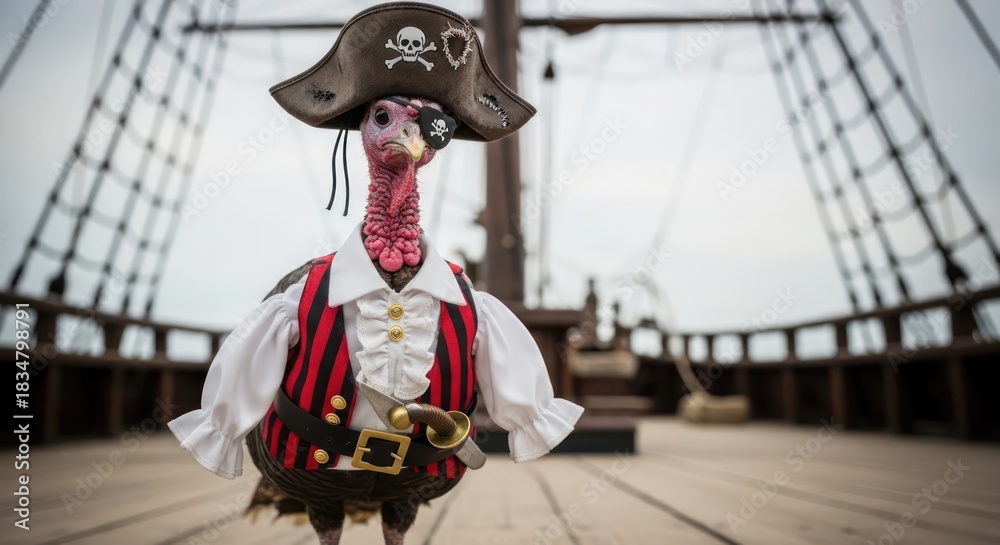 Obraz premium A whimsical turkey dons pirate attire against a ship backdrop evoking festive humor