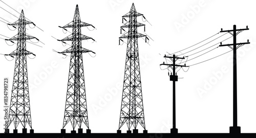 "High voltage transmission towers, electricity distribution poles, power grid infrastructure, energy supply system, electrical network, industrial utility, urban electricity delivery, silhouette"