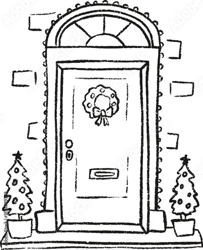 Sketch Christmas Door with Wreath and Trees