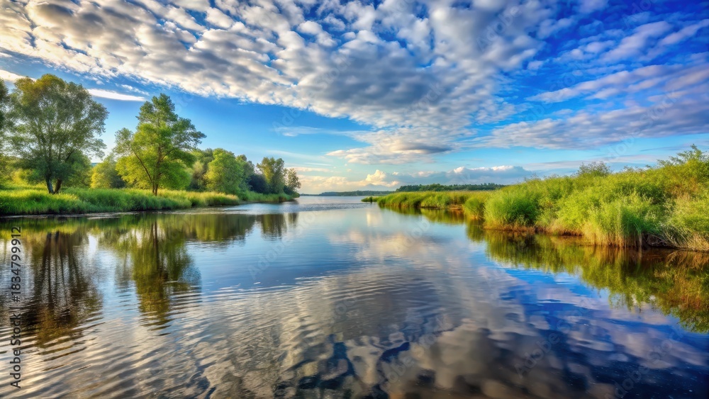 Obraz premium Serene River Reflection A Tranquil Landscape of Lush Green Banks, Rippling Water, and a Vivid Blue Sky Adorned with Fluffy White Clouds