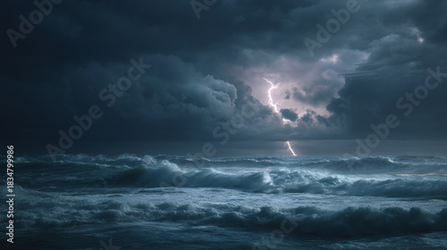 Fototapeta Naklejka Na Ścianę i Meble -  A dramatic scene of lightning striking over a stormy ocean beneath dark cloudy skies