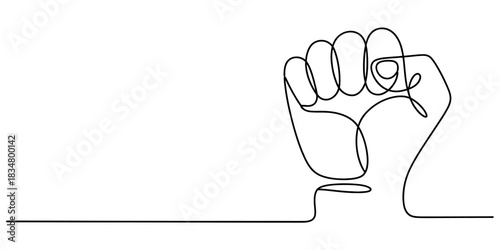 A single continuous line drawing of a clenched fist symbolizing strength, protest, power, and unity on a clean white background. Vector, illustration