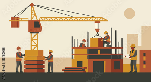 “Flat vector illustration of construction workers operating a crane on a building site, warm industrial palette, simple geometric shapes, safety helmets and vests, minimal background.”