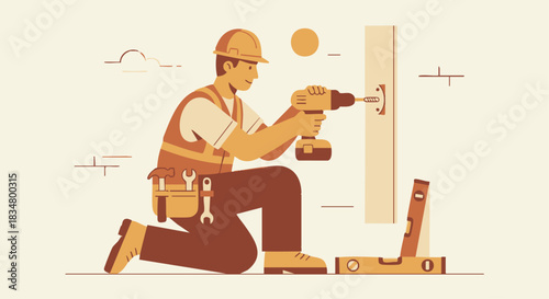 “Flat-style vector of a builder using a drill to install fixtures, soft warm palette, simplified tool shapes, clean minimal look.”
