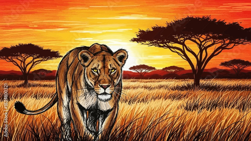An illustration of a powerful lioness walking through the African savanna during a vibrant orange sunset.