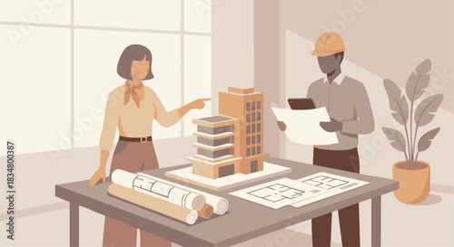 “Architect and structural engineer discussing a 3D building model next to printed blueprints, flat design, soft warm neutral colors.”