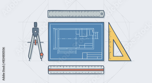 “Flat-style vector of engineering tools—compass, ruler, scale, drafting triangle—arranged around a blueprint sheet, clean geometric layout.”