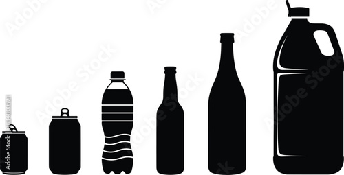 Black silhouette collection of drink bottles and cans, vector illustration of beverage containers, soda, water, and juice packaging design elements for branding