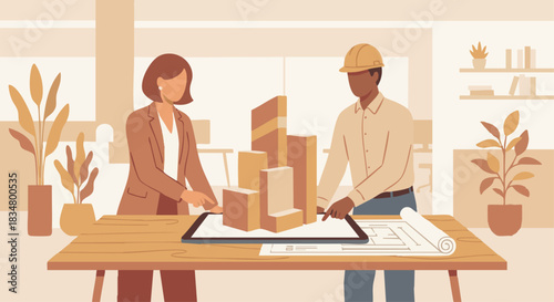 “Architect and structural engineer discussing a 3D building model next to printed blueprints, flat design, soft warm neutral colors.”
