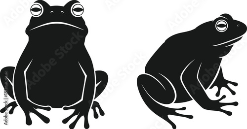 Black silhouette frog vector illustration, amphibian animal design in sitting pose, frog icon collection for wildlife, nature, biology, and animal logo art