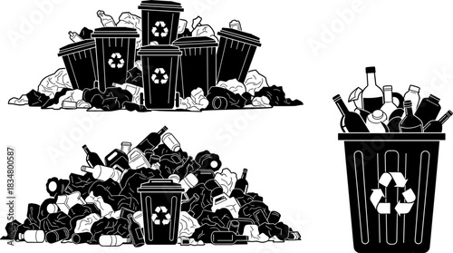 Black silhouette illustration of overflowing trash bins and large garbage piles, symbolizing environmental waste, global pollution, ecological conservation awareness, 