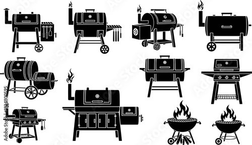 Black silhouette icons of various barbecue grills, smokers, and BBQ equipment; vector set depicting charcoal, propane, pellet, and offset cooking methods for outdoor food.