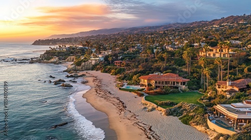 Aerial view of coastal sunset, luxury homes, beach, ocean waves, and cliffs.